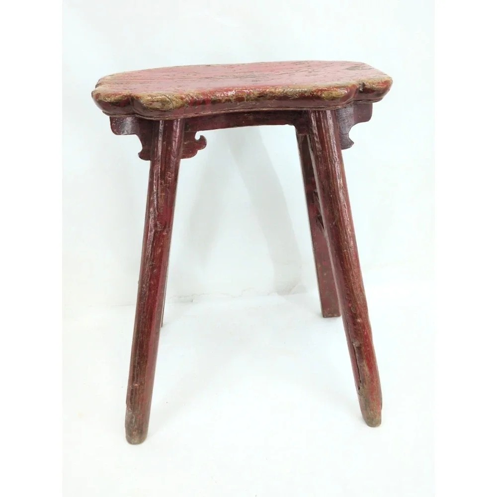 Antique Chinese Elm Red Painted Stool Chair Primitive 1900 Mortise Tenon Bench